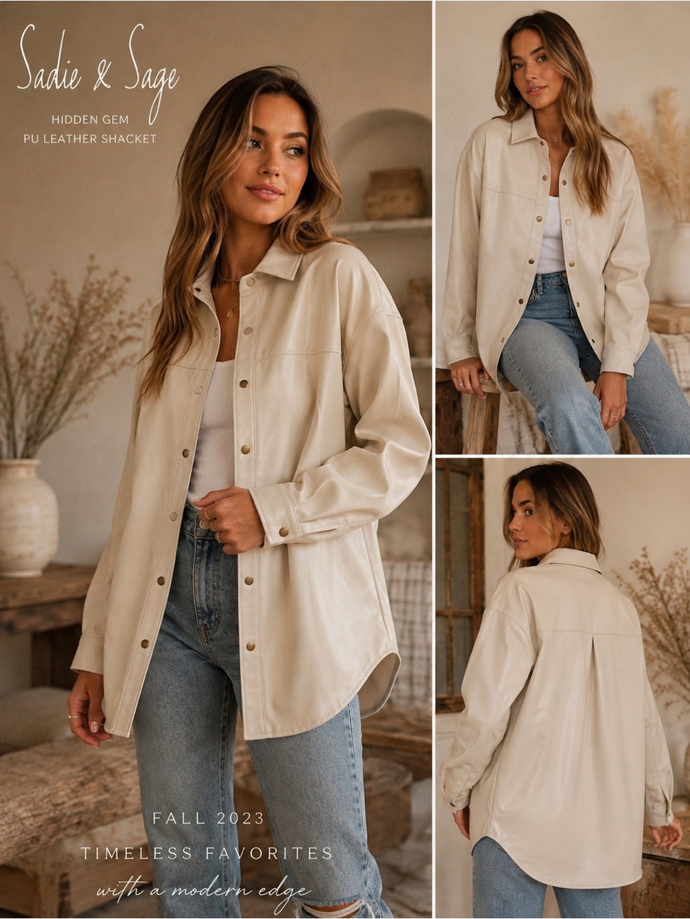 Sadie & Sage Cream PU Leather Shacket Jacket (Small) NWT